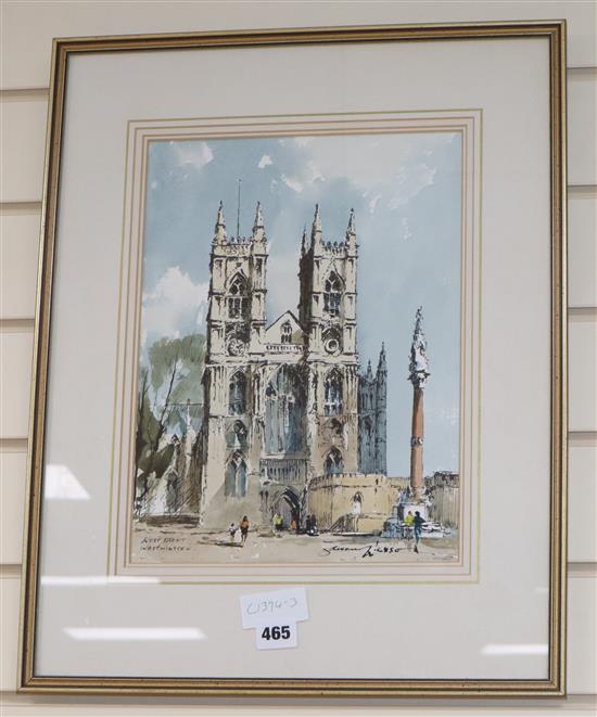 Edward Wesson, ink and watercolour, West Front, Westminster, signed, 34 x 25cm